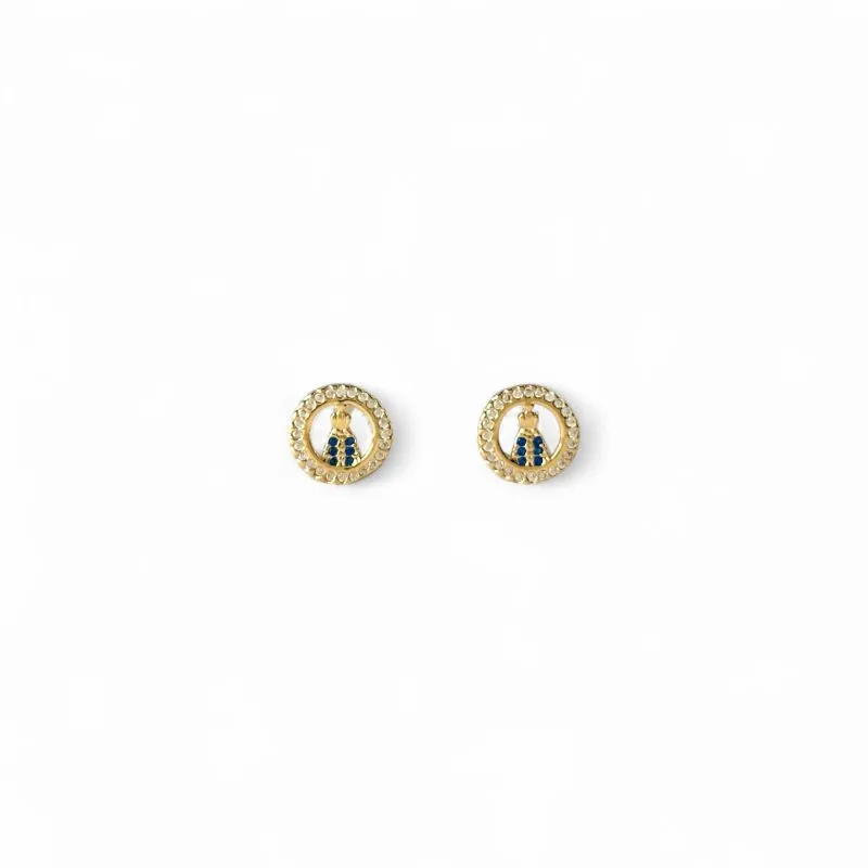 Brinco Nossa Senhora com Círculo Vazado Banhado a Ouro 18k com Zircônias Azul e Cristal