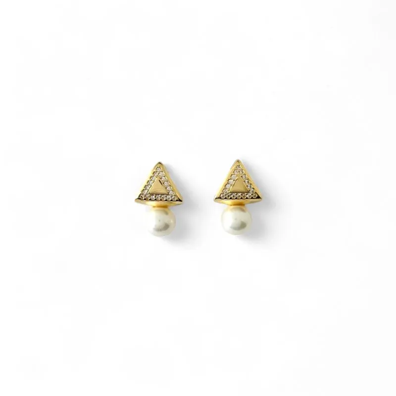 Brinco Pérola e Triângulo Banhado a Ouro 18k com Zircônias