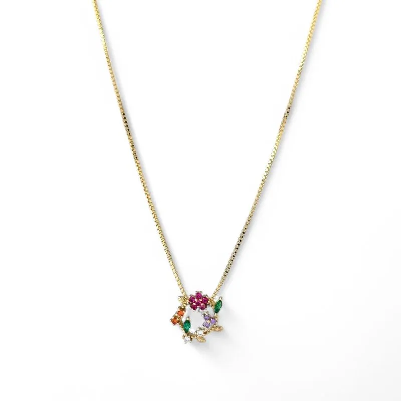 Colar Círculo Flores Banhado a Ouro 18k com Zircônias Coloridas