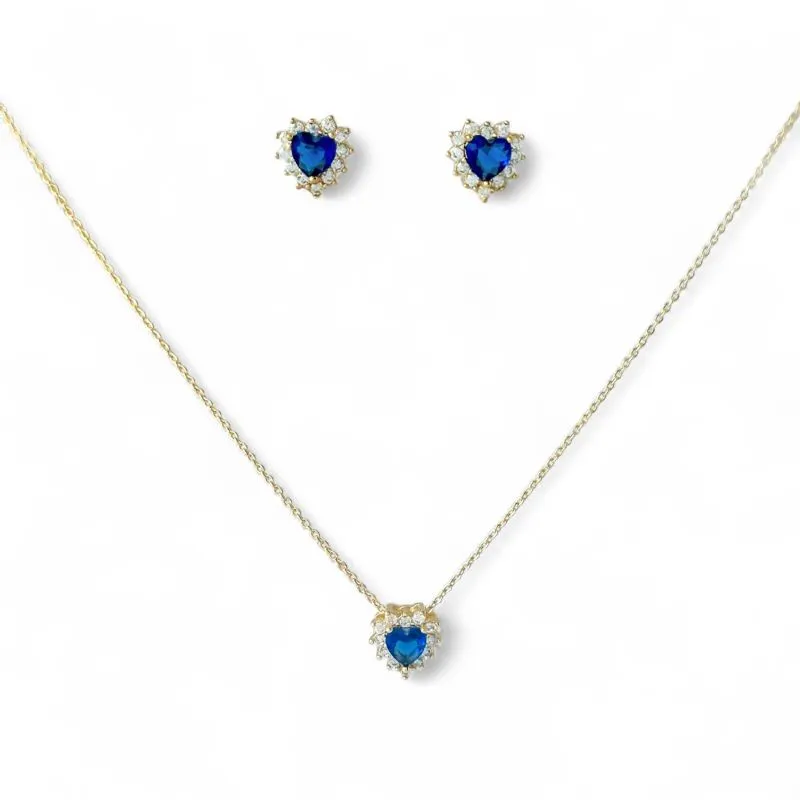 Conjunto Coração Azul Banhado a Ouro 18k com Microzircônias ao Redor
