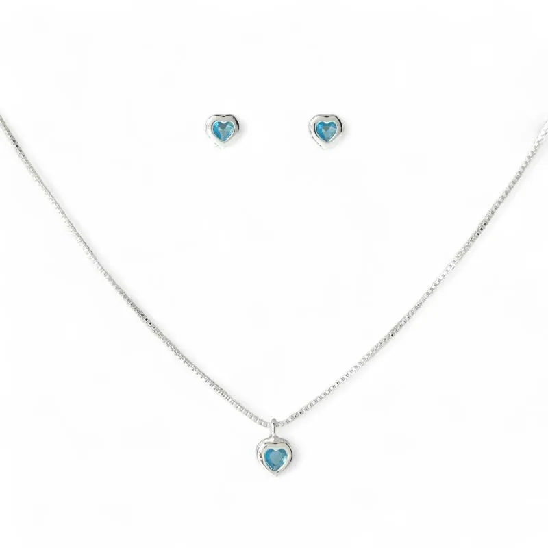 Conjunto Ponto de Luz Coração Folheado a Prata com Zircônia Azul