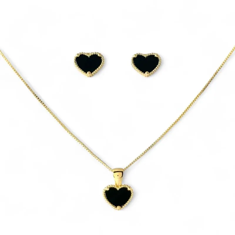 Conjunto Coração Preto Banhado a Ouro 18k