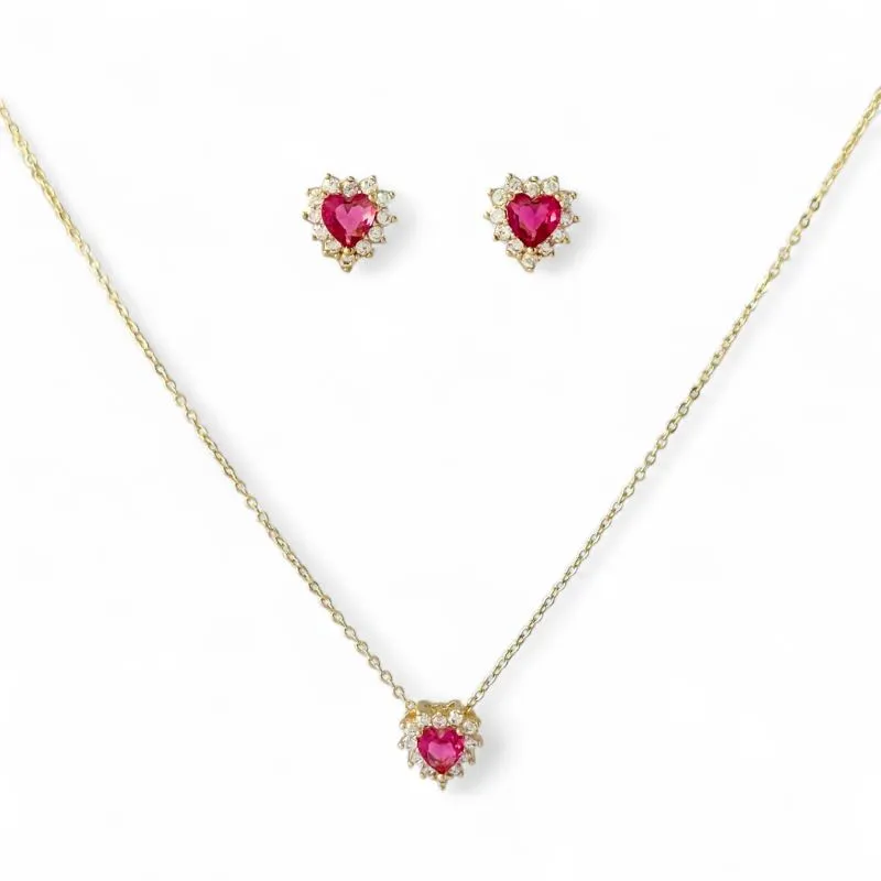 Conjunto Coração Rosa Banhado a Ouro 18k com Microzircônias ao Redor