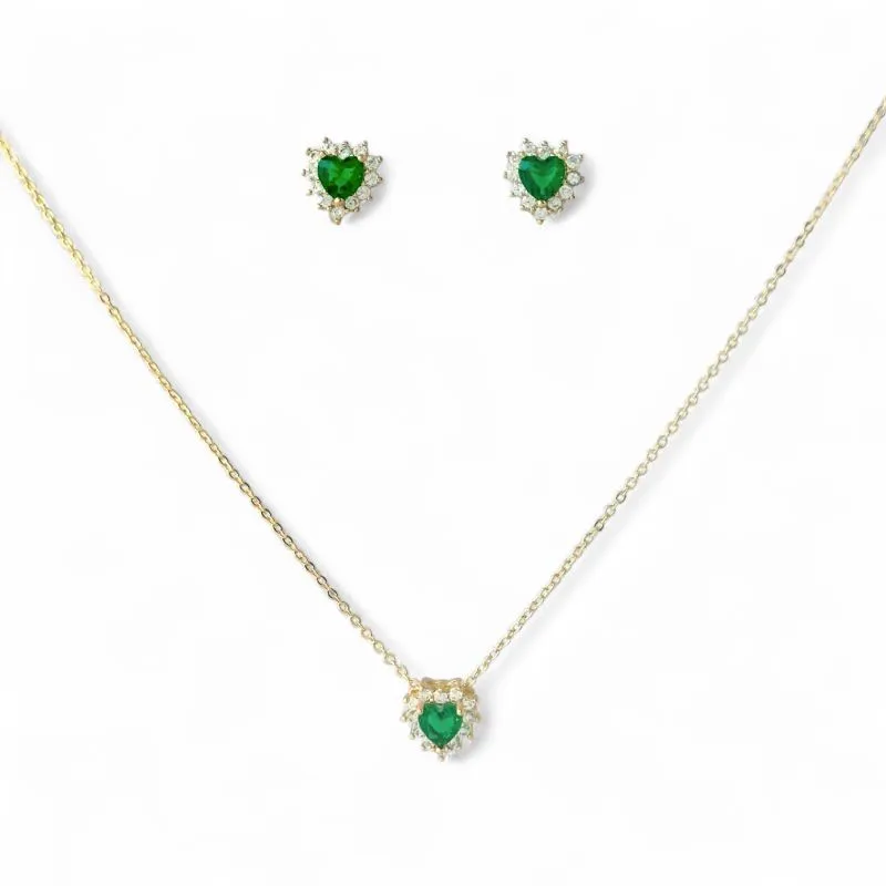 Conjunto Coração Verde Banhado a Ouro 18k com Microzircônias ao Redor