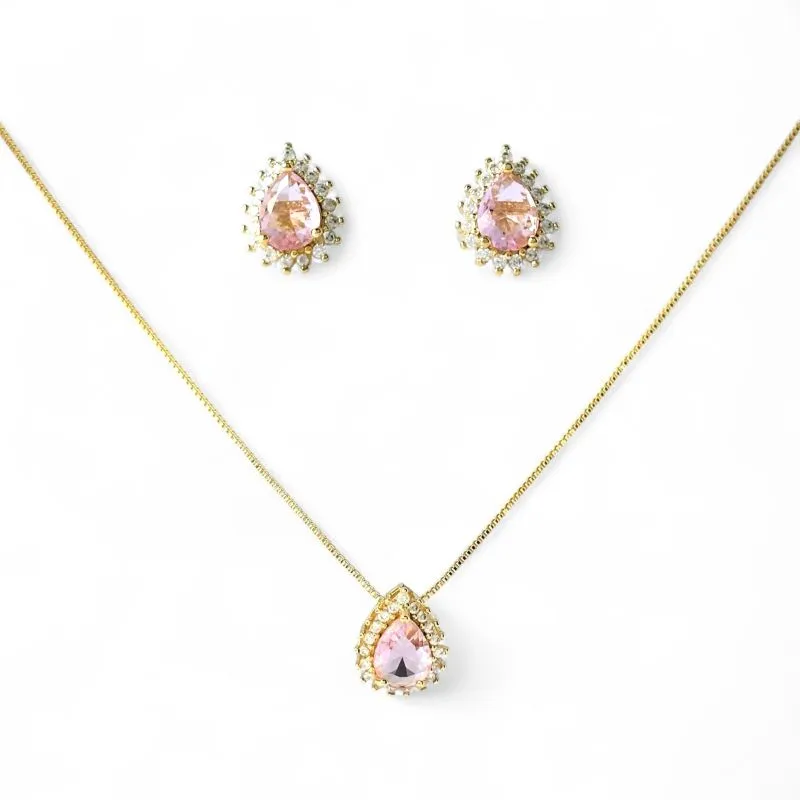 Conjunto Gota Rosa Banhado a Ouro 18k com Microzircônias ao Redor