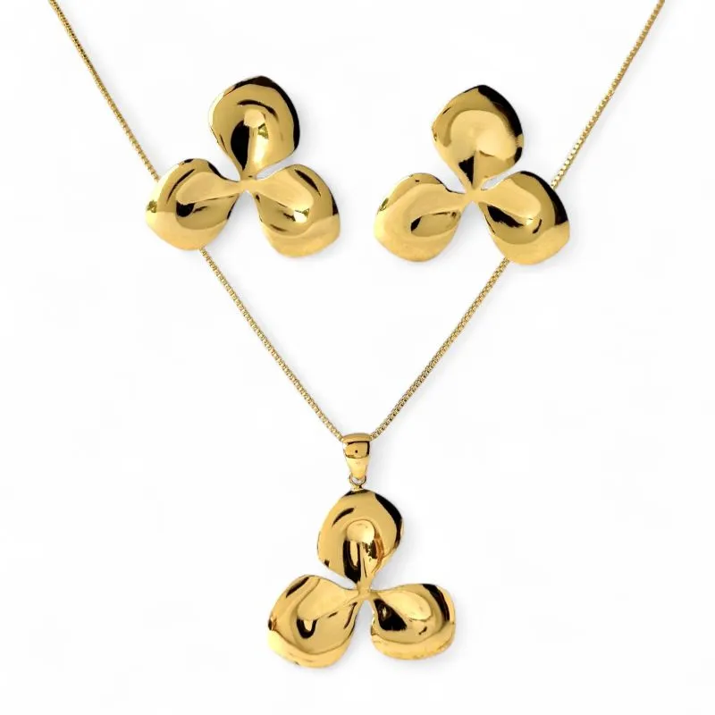 Conjunto Orgânico Flor 3 Pétalas Banhado a Ouro 18k
