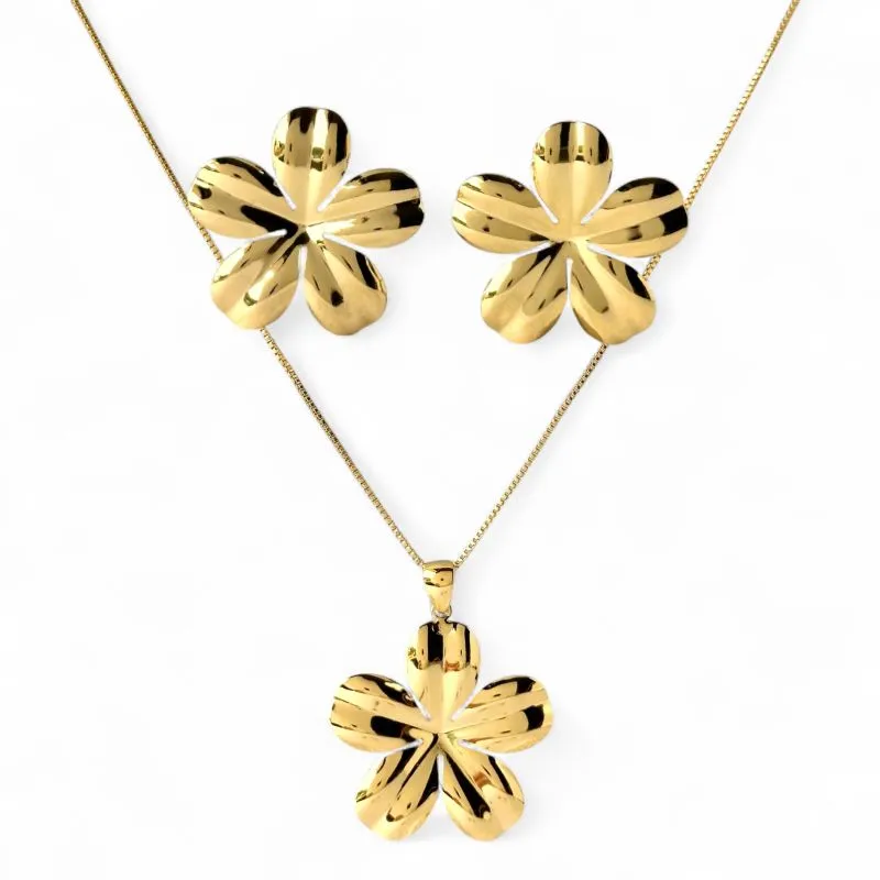 Conjunto Orgânico Flor 5 Pétalas Banhado a Ouro 18k