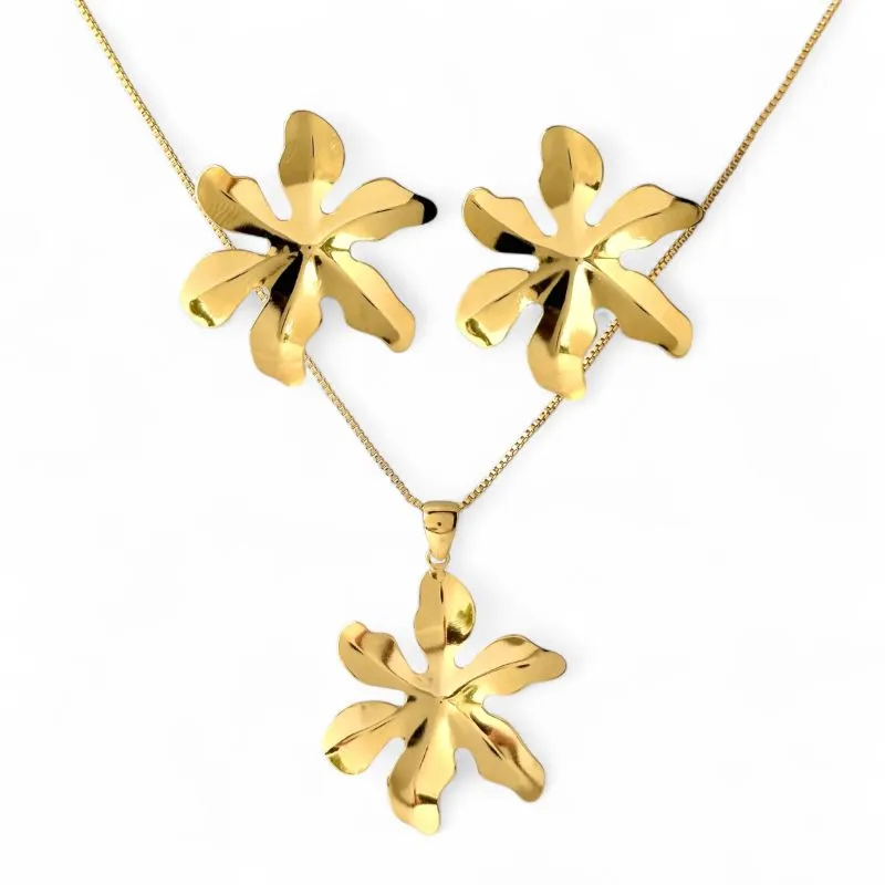Conjunto Orgânico Flor 6 Pétalas Banhado a Ouro 18k