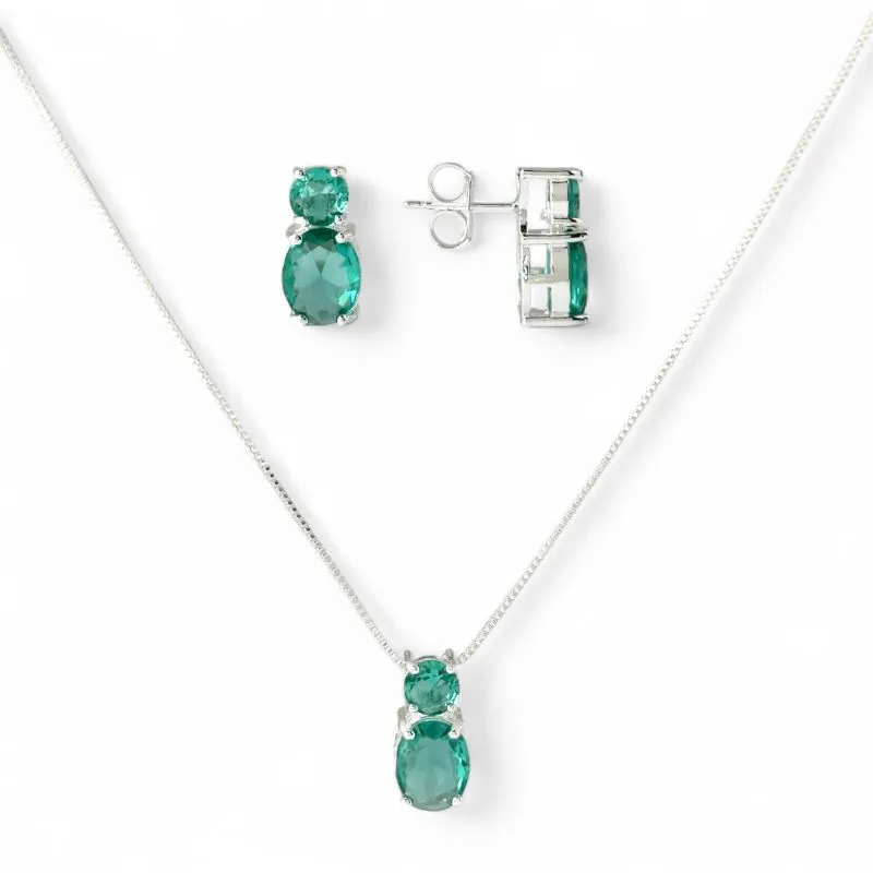 Conjunto Oval Festa Folheado a Prata com Zircônias Verde