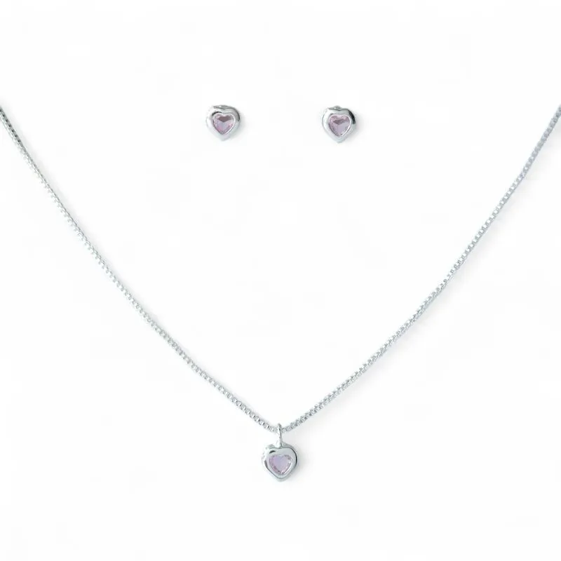 Conjunto Ponto de Luz Coração Folheado a Prata com Zircônia Rosa Claro