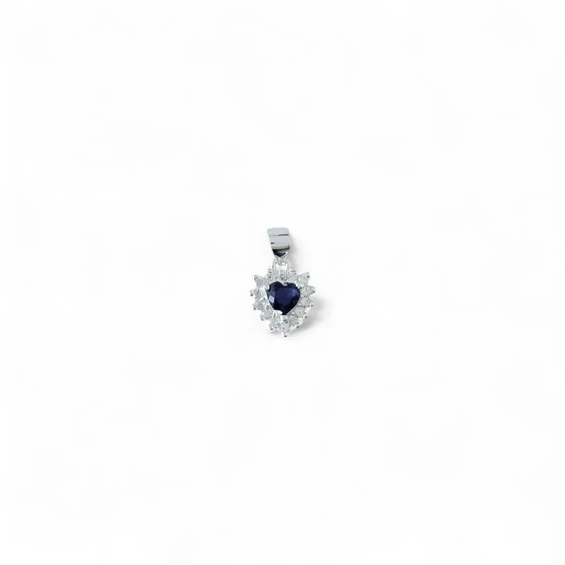Pingente Coração Azul Prata 925 com Zircônia e Microzircônias Cristal ao Redor