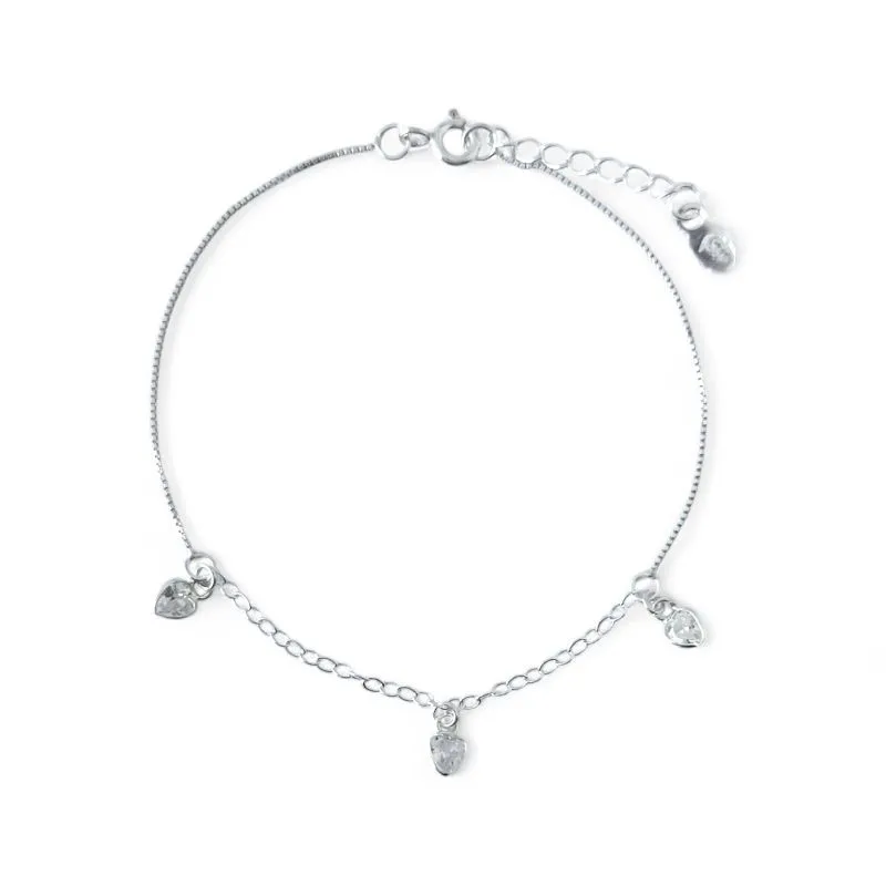 Pulseira 3 Corações Prata 925 com Zircônias