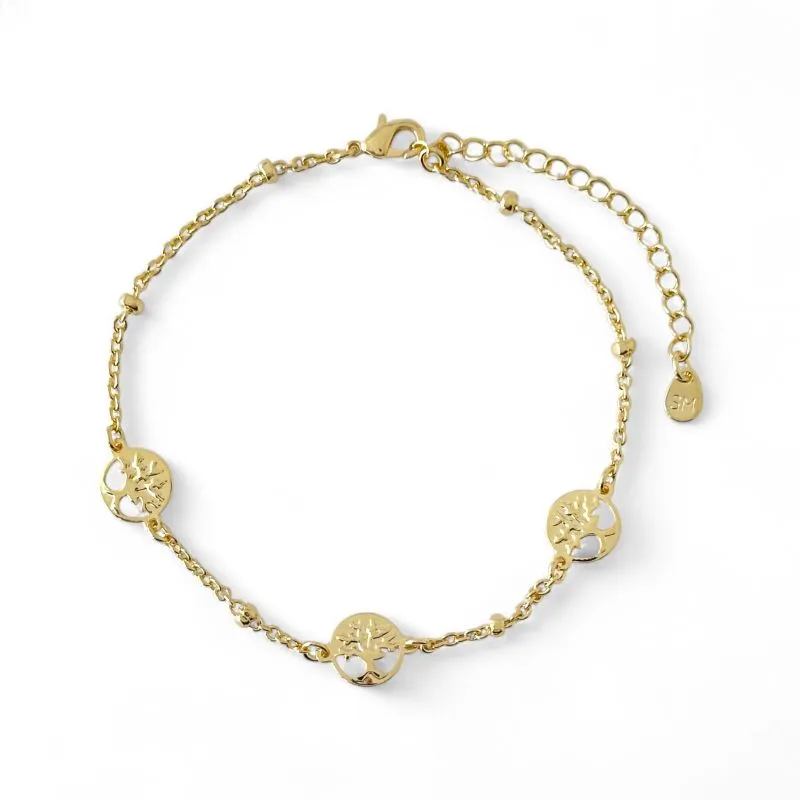Pulseira Bolinha com 3 Medalhas da Árvore da Vida Banhada a Ouro 18k