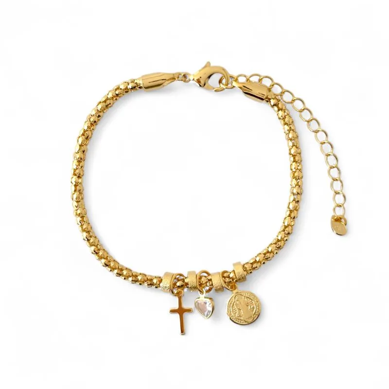 Pulseira Cordão Elo Pipoca com São Bento, Cruz e Coração de Zircônia Banhada a Ouro 18k