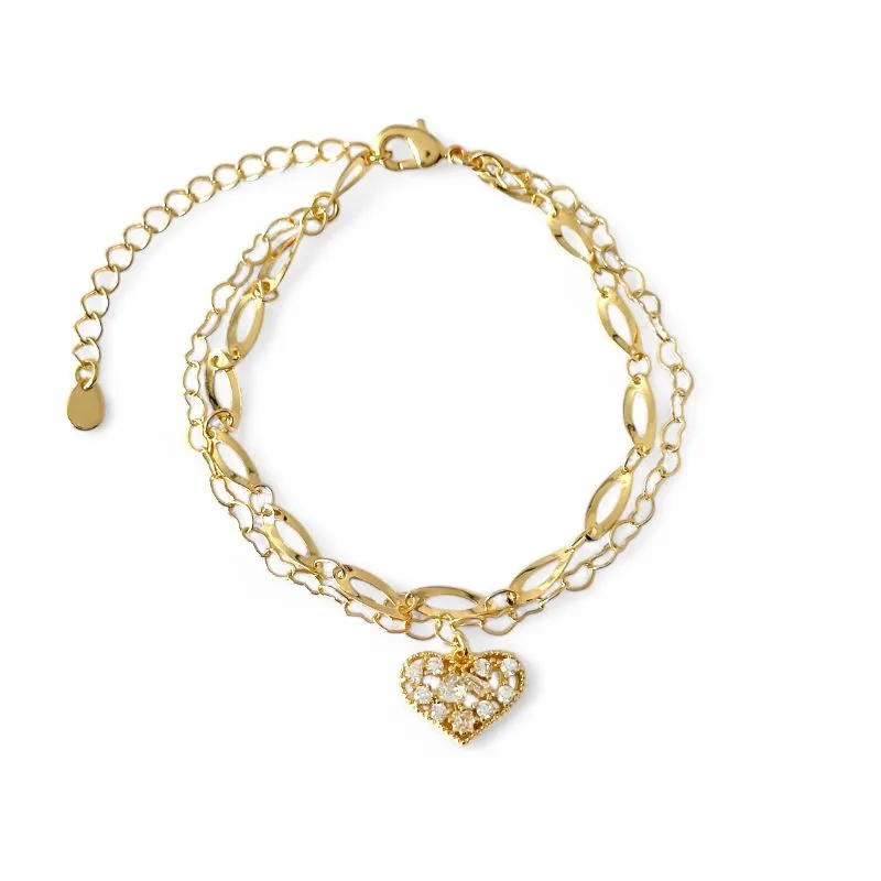 Pulseira Dupla Elo Coração e Elo Gota com Coração Banhada a Ouro 18k e Zircônias