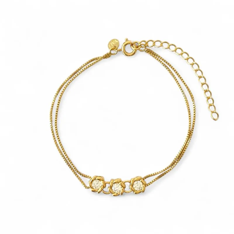 Pulseira Dupla Flores Banhada a Ouro 18k com 3 Zircônias