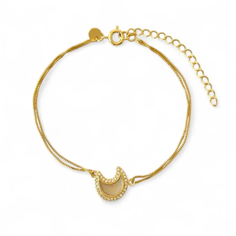 Pulseira Dupla Lua Banhada a Ouro 18k com Madrepérola e Zircônias