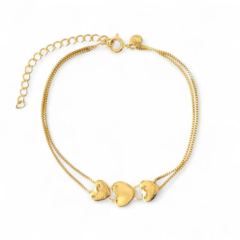 Pulseira Dupla Veneziana Coração Banhada a Ouro 18k Liso e Pontilhado