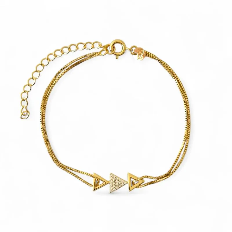 Pulseira Dupla Veneziana Triângulos Banhada a Ouro 18k Vazado e com Zircônias
