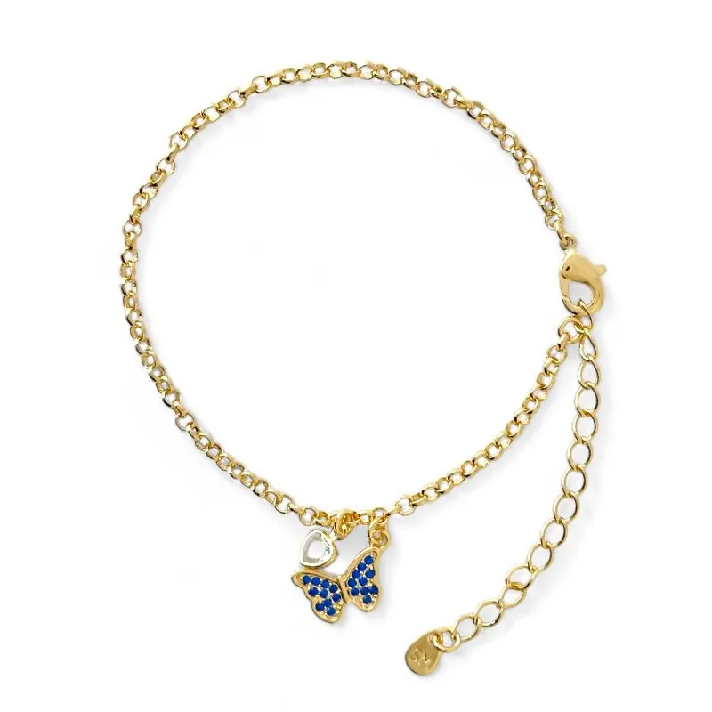 Pulseira Elo Português Borboleta Banhada a Ouro 18k com Zircônia Azul