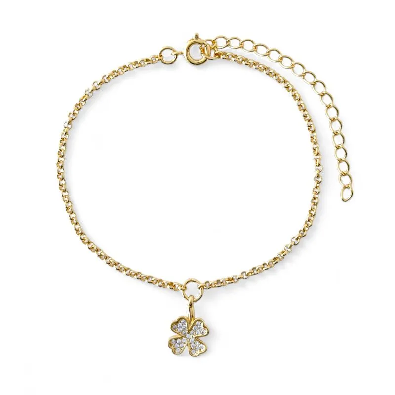 Pulseira Elo Português Trevo Banhada a Ouro 18k com Zircônias