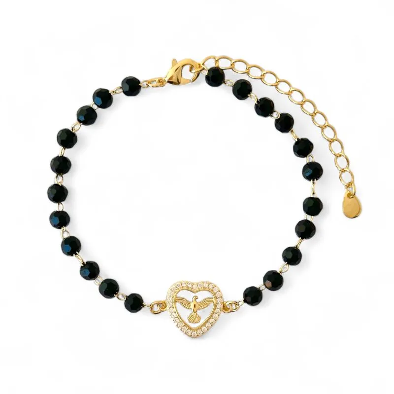 Pulseira Espírito Santo e Coração Banhada a Ouro 18k com Zircônias e Pedras Pretas
