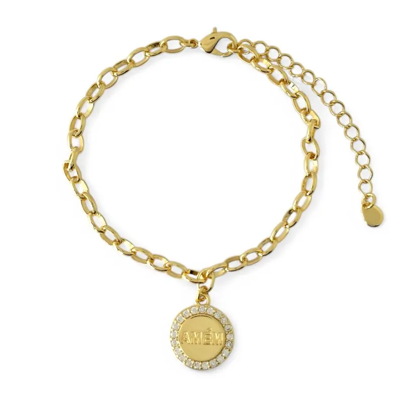Pulseira Medalha Amém Elo Oval Banhada a Ouro 18k com Zircônias