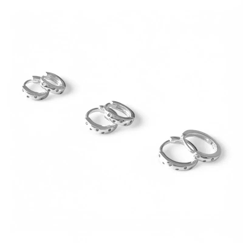 Trio de Brincos Argola  Prata 925 com Zircônias