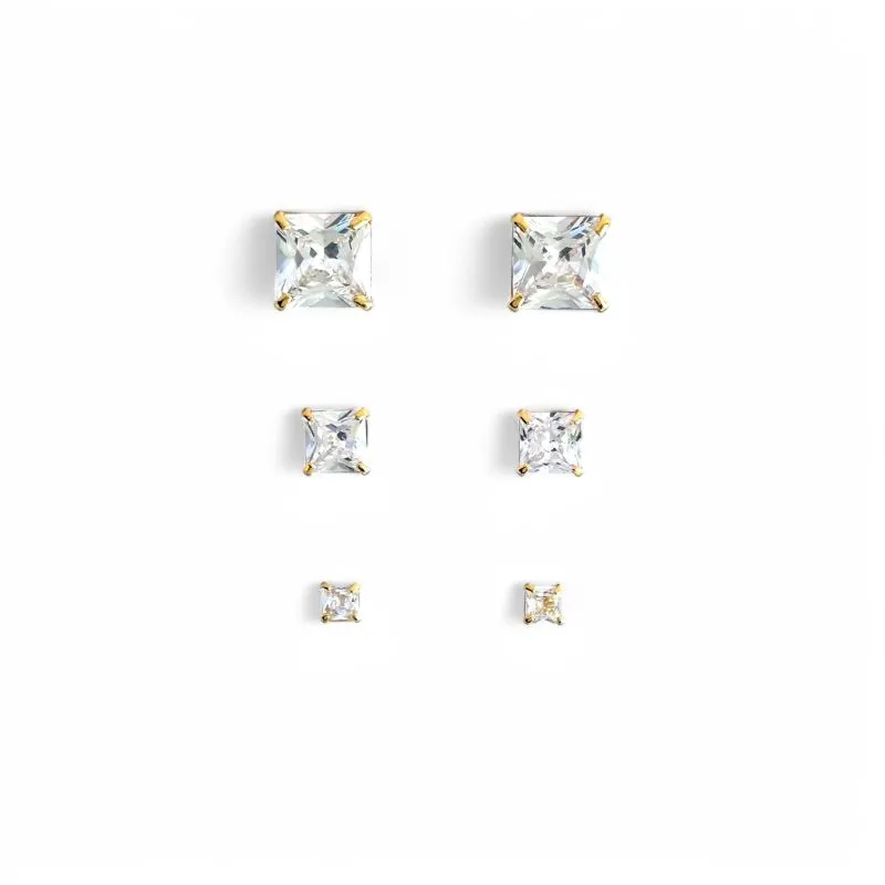 Trio de Brincos Ponto de Luz Quadrado Banhado a Ouro 18k com Zircônias