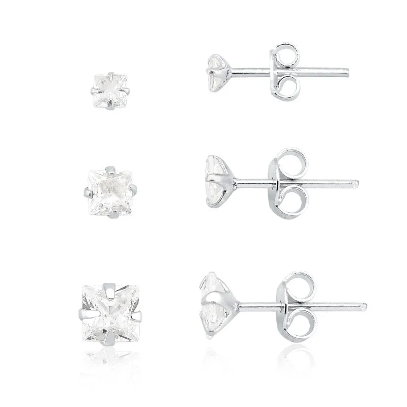 Trio de Brincos Ponto de Luz Quadrado Prata 925 com Zircônias
