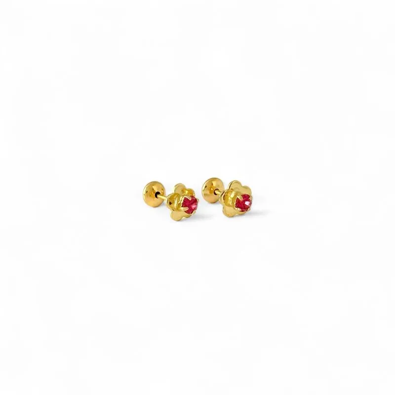 Brinco Infantil Flor Banhado a Ouro 18k com Zircônia Rosa e Tarraxa Baby