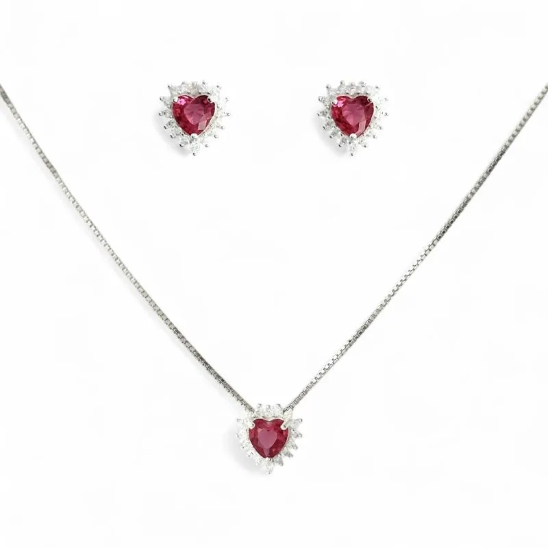 Conjunto Coração Prata 925 com Microzircônias ao Redor