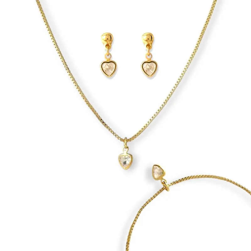 Conjunto Kit Infantil Coração Banhado a Ouro 18k com Zircônias (Brinco + Colar + Pulseira)