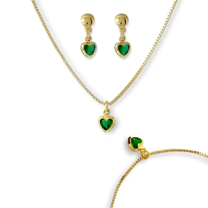 Conjunto Kit Infantil Coração Esmeralda Banhado a Ouro 18k com Zircônias (Brinco + Colar + Pulseira)