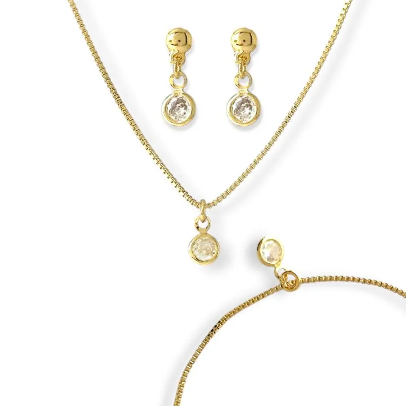 Conjunto Kit Infantil Ponto de Luz Banhado a Ouro 18k com Zircônias (Brinco + Colar + Pulseira)