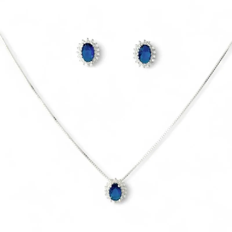 Conjunto Oval Prata 925 Azul Royal com Microzircônias ao Redor