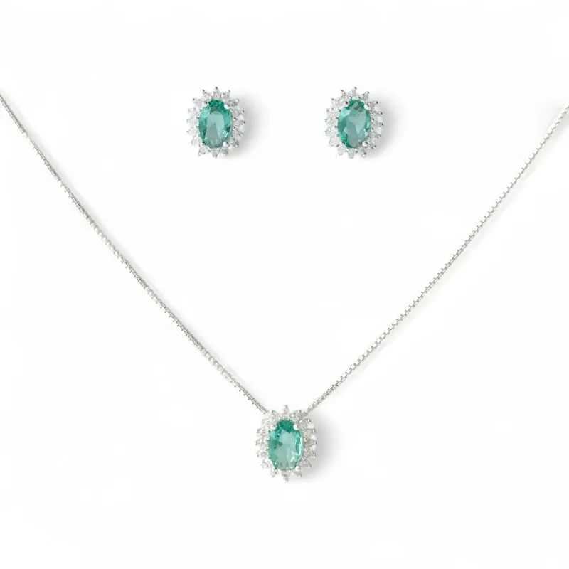Conjunto Oval Prata 925 Azul Tiffany com Microzircônias ao Redor