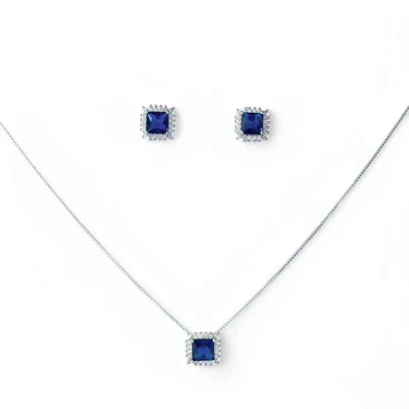 Conjunto Quadrado Prata 925 Azul Royal com Microzircônias ao Redor