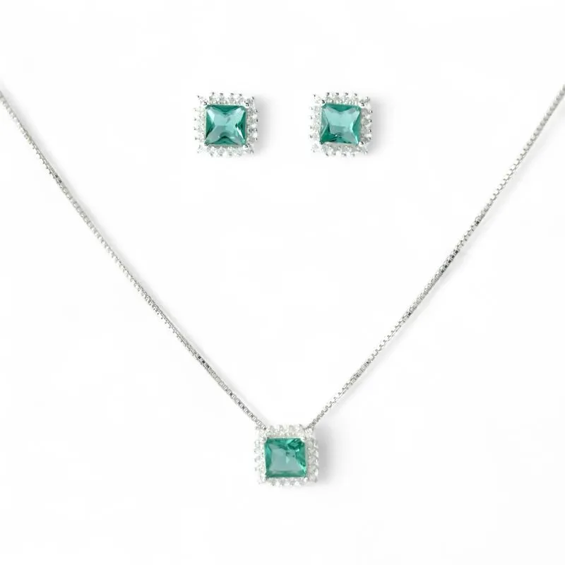 Conjunto Quadrado Prata 925 Azul Tiffany com Microzircônias ao Redor