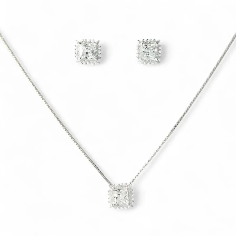 Conjunto Quadrado Prata 925 com Microzircônias ao Redor