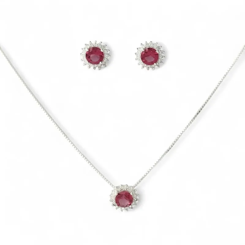 Conjunto Redondo Prata 925 Vermelho Rubi com Microzircônias ao Redor