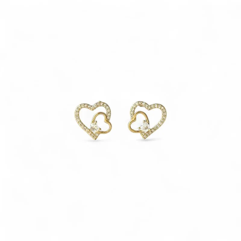 Brinco 2 Corações Banhado a Ouro 18k Liso e com Zircônias