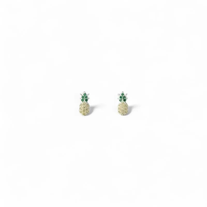 Brinco Abacaxi Prata 925 com Zircônias Amarelo e Verde Brinco Abacaxi Prata 925 com Zircônias Amarelo e Verde
