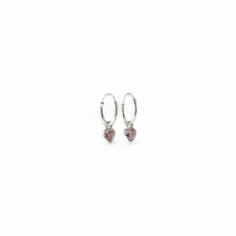 Brinco Argola com Ponto de Luz Coração Prata 925 com Zircônia Rosa  - 0,9cm Brinco Argola com Ponto de Luz Coração Prata 925 com Zircônia Rosa  - 0,9cm