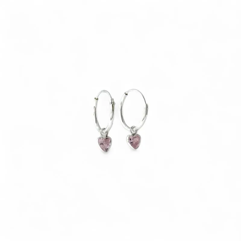 Brinco Argola com Ponto de Luz Coração Prata 925 com Zircônia Rosa  - 1,0cm Brinco Argola com Ponto de Luz Coração Prata 925 com Zircônia Rosa  - 1,0cm