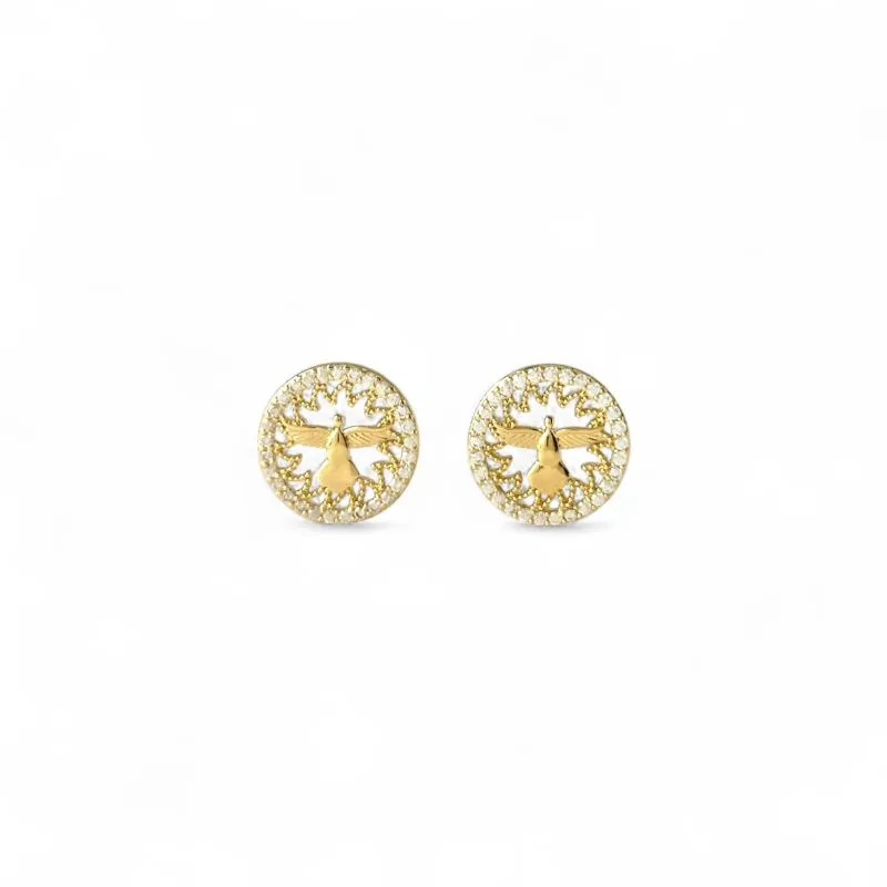 Brinco Medalha Espírito Santo Banhado a Ouro 18k Vazado com Zircônias