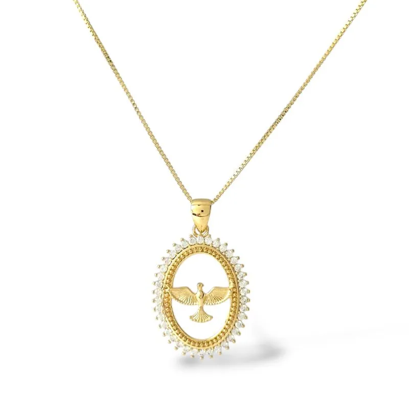 Colar Espírito Santo Banhado a Ouro 18k com Medalha Vazada com Zircônias