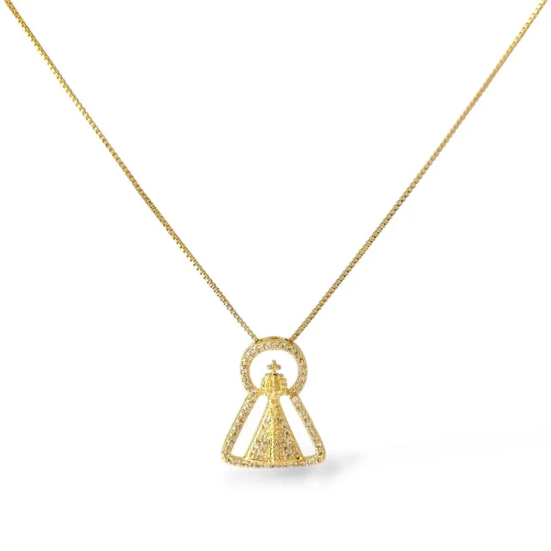 Colar Nossa Senhora Banhado a Ouro 18k Vazado com Zircônias