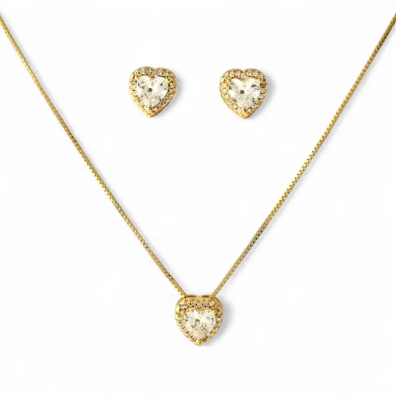 Conjunto Coração Banhado a Ouro 18k com Microzircônias ao Redor