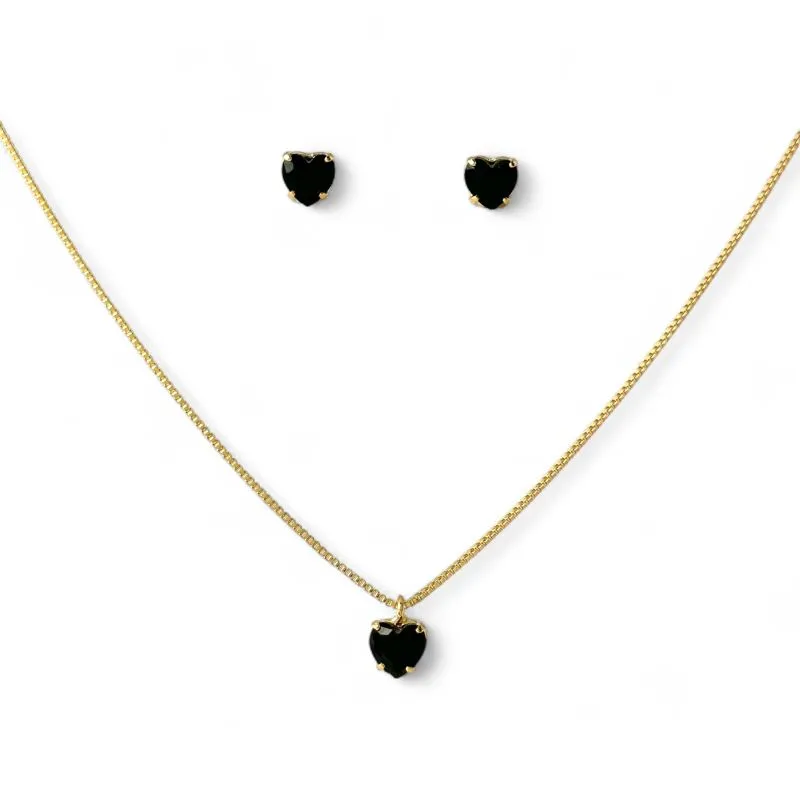 Conjunto Coração Banhado a Ouro 18k com Zircônias Preto - 6mm